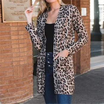 

Women Spring Thin Outerwear Long Cardigan Straight Female Streetwear Leopard Printed Open Stitch Loose Casual Chic Slim GV284