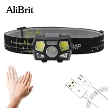 D25 AliBrit миниатюрный светодиодный налобный фонарь датчик движения ультра яркая головная Лампа мощная фара USB Перезаряжаемый водонепроницаемый фонарик