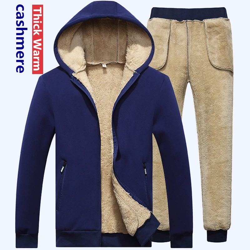 Tracksuit Men Pant Sweatshirt Fleece Winter Casual Brand Warm Thick Cashmere Lamb