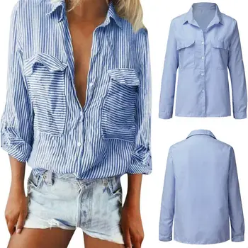 

Womens Long Sleeve Shirt Casual Loose Tunic Tops Button Down Blouse with Pocket for Women Ladies BLUE Office Formal Clothes
