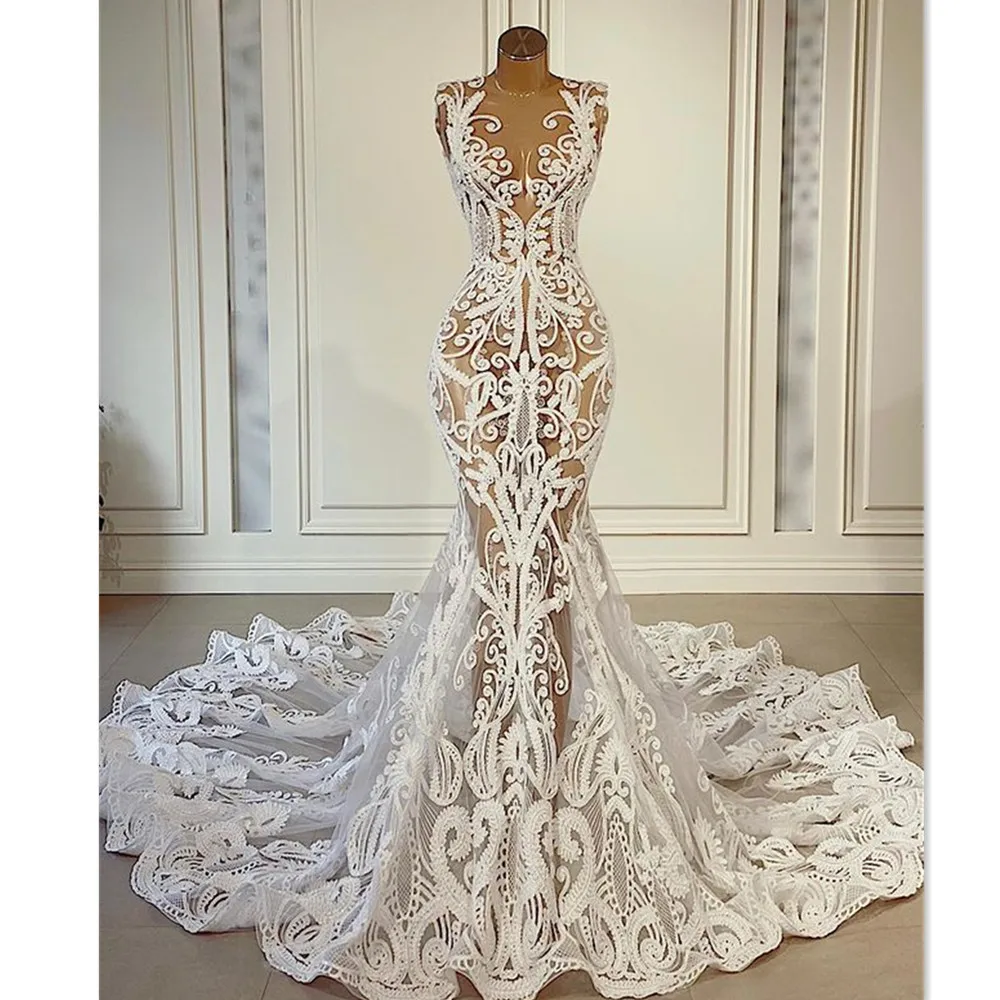 

2023 Romantic Lace Mermaid Wedding Dresses With Cathedral Train Robe De Mariee Sexy Illusion Back Wedding Gowns Vestido De Noiva