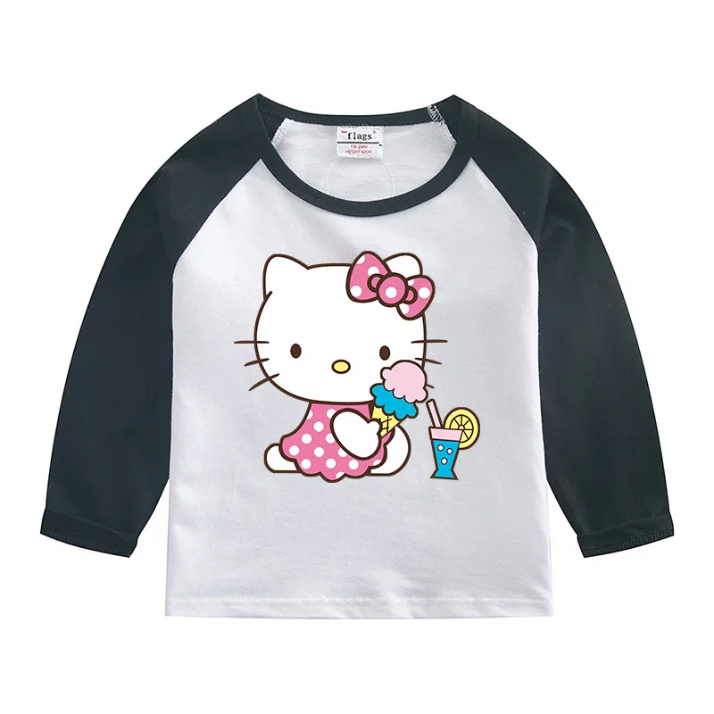 Hello Kitty-Camiseta de algodón puro para niños, camiseta que absorbe la humedad, Tops contrastantes dulces a la moda, camisetas deportivas informales de manga larga para bebé