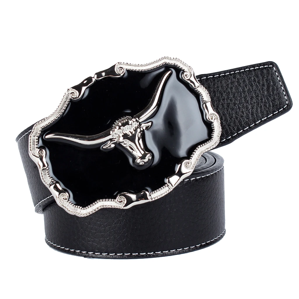 Western Cowboy Belt Oval Shape Metal Buffalo Head Buckle Fiber Genuine Leather Belt Strap 110-125cm
