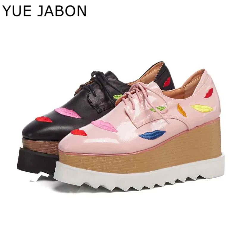 

YUE JABON Pink Black Autumn Spring cow leather casual shoes vintage embroidery lips patterns lace up wedges platform women shoes