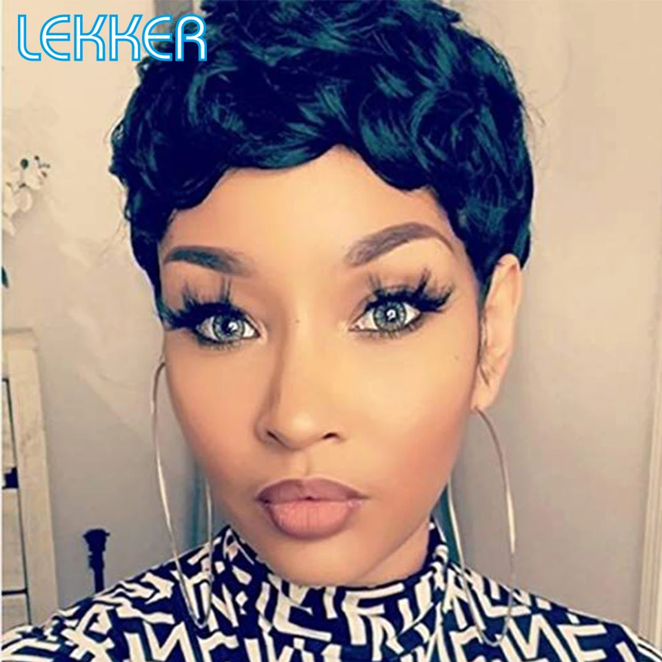 Lekker Colored Finger Waves Short Pixie Curl Human Hair Blonde Wig For Black Women Peruvian Remy Natural Hair Blue Red Wavy Wig Full Machine Wigs Aliexpress