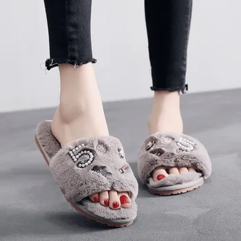 

Women Pearl Home Warm Slippers Women's Plush Winter Ladies String Bead Cozy Indoor Shoes Woman Comfort Casual Female Fashion