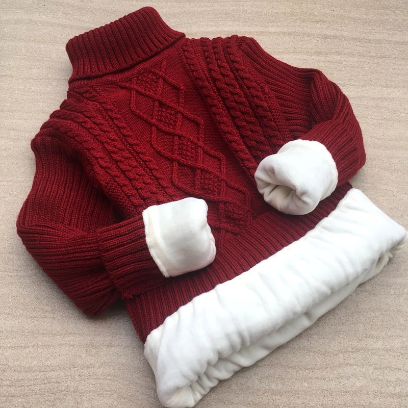 Новая детская одежда теплые хлопковые пуловеры для маленьких мальчиков, свитера с плюшевой подкладкой зимняя облегающая трикотажная куртка с воротником под горло для девочек от 1 до 12 лет