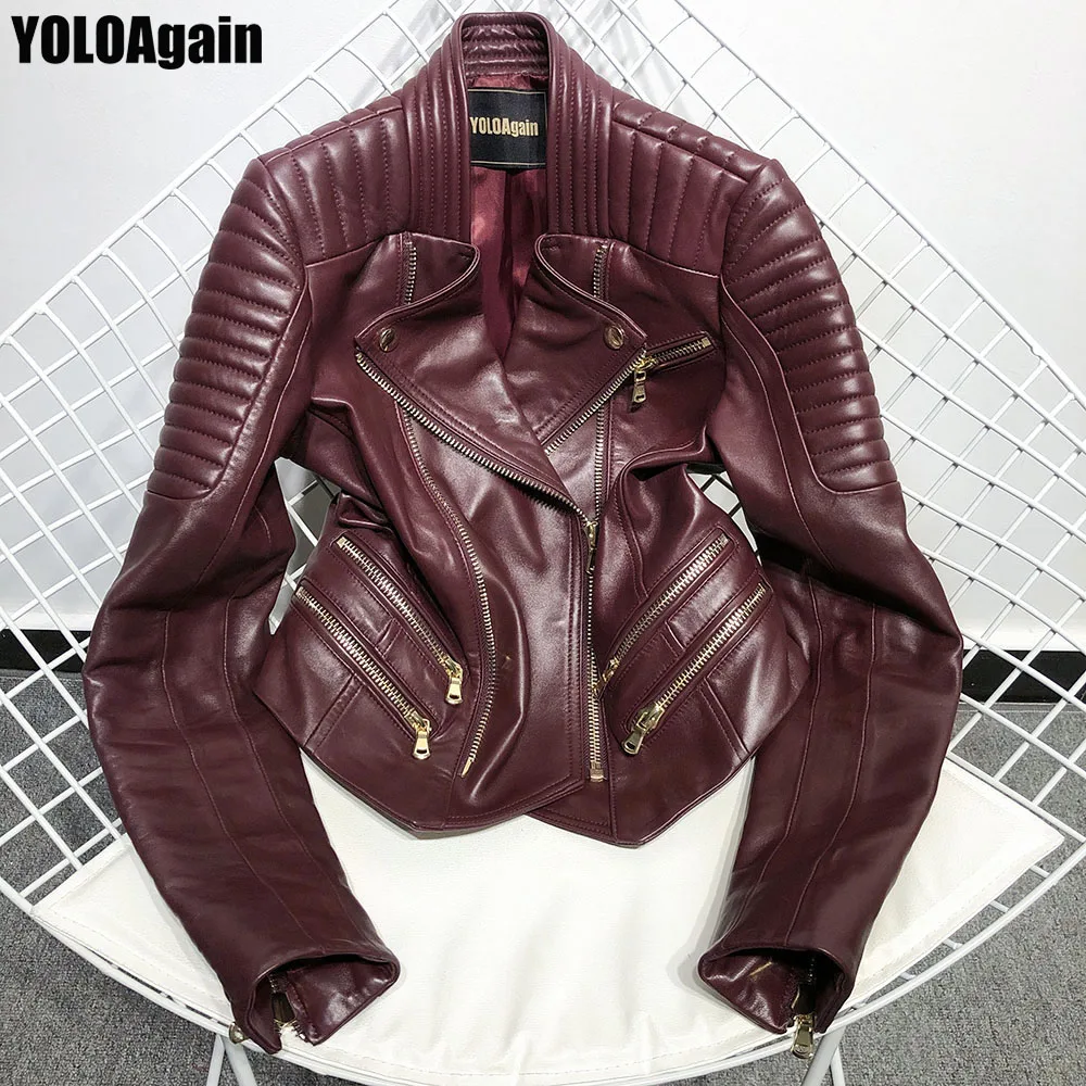 Yoloagne Женская куртка из натуральной кожи, Женская куртка с двойной молнией, высокая уличная куртка из натуральной кожи