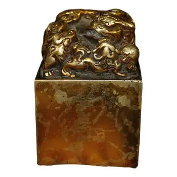 

LaoJunLu Old Brass Inlaid With Precious Stones [Finance Is Coming] Mother And Child Lion Roll Hydrangea Jade Seal Bronze Seal