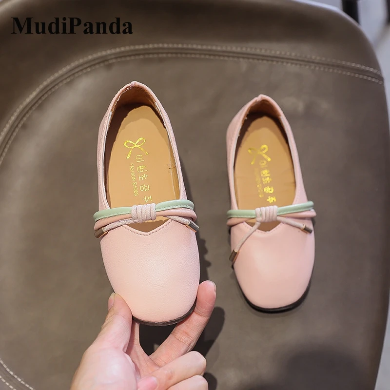 

MudiPanda Girls Shoes 2020 Autumn For Kids Bow-Knot Flat Princess Single Footwear Solid Color Soft PU Non-Slip