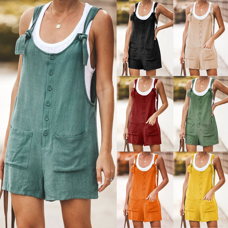

Women Rompers Summer Casual Loose Sleeveless Jumpsuit Solid Button Pocket Suspenders Bib Short Pants Wide Leg Playsuits Overalls