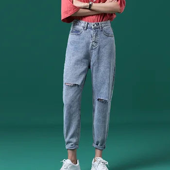 

New High Waist Jeans Female Spring and Summer Cotton Loose Woman Jeans Fashion Casual Light Blue Jeans