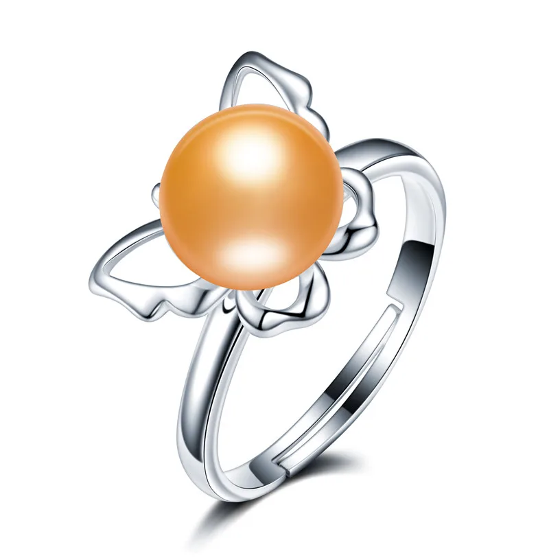 Hot Sale 925 Sterling Silver Dancing Butterflies Elegant Rings For Women Fashion Natural Pearl Ring Jewelry Gift - Цвет камня: Золотой