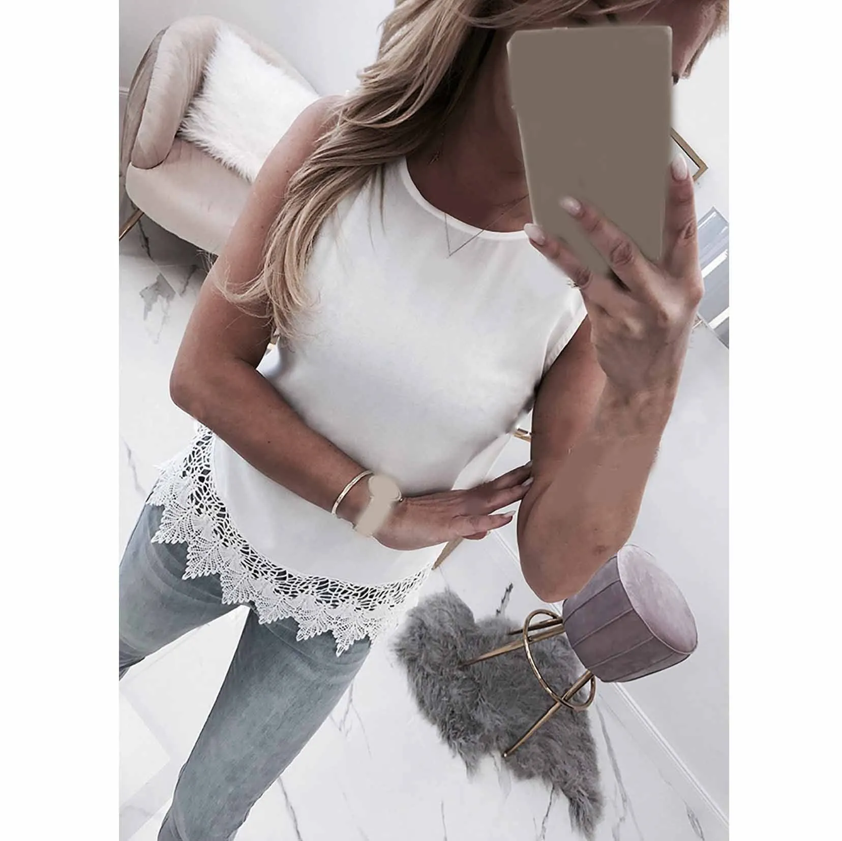 Tide Vogue Pop Tide модный красивый летний женский полый резервуар, кружевные лоскутные кружевные топы без рукавов с галстуком-бабочкой и открытой спиной