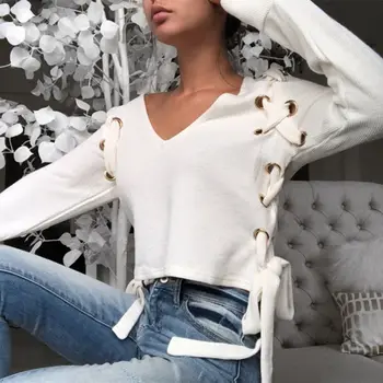 

Women Autumn Lace-Up Bow-Tie V Neck Long Sleeve Short Tops 2019 Lady Stylish Hollow Knit Shirt Female Casual Solid Color Blouse