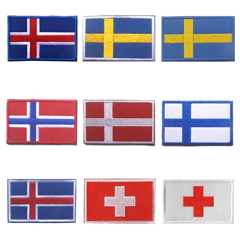 

3D embroidery patch Iceland Norway Sweden Denmark Finland Swiss flag patch badge DIY striped denim jacket accessories 8*5CM