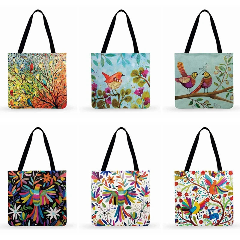 Bag Tote Watercolor Beach-Bag Hand-Painted Bird-Print Foldable Casual Women Outdoor Love-Bird