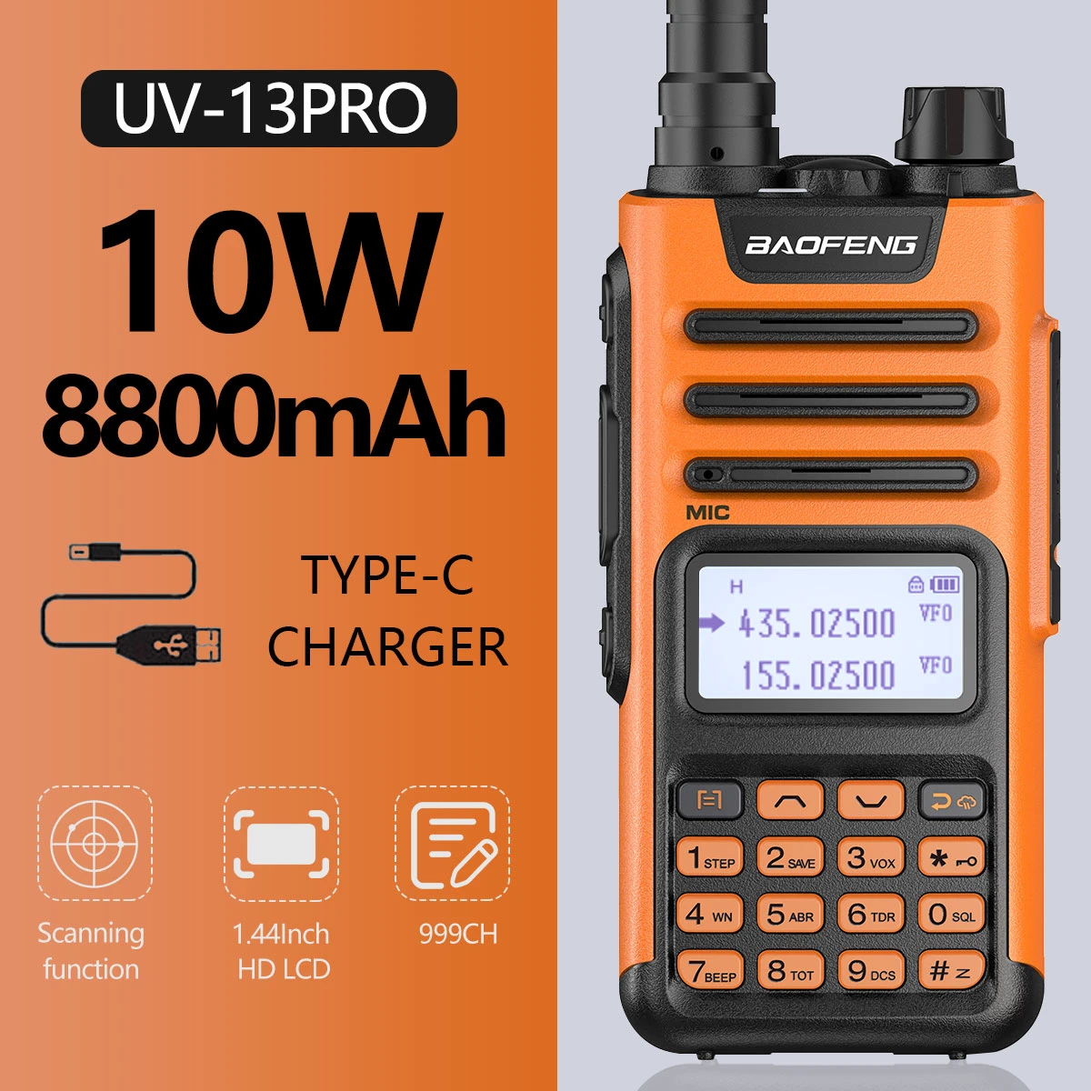 Baofeng UV 13 PRO 10W Walkie Talkie Dual band Transreceiver 136 174/400 520MHz With Typ C