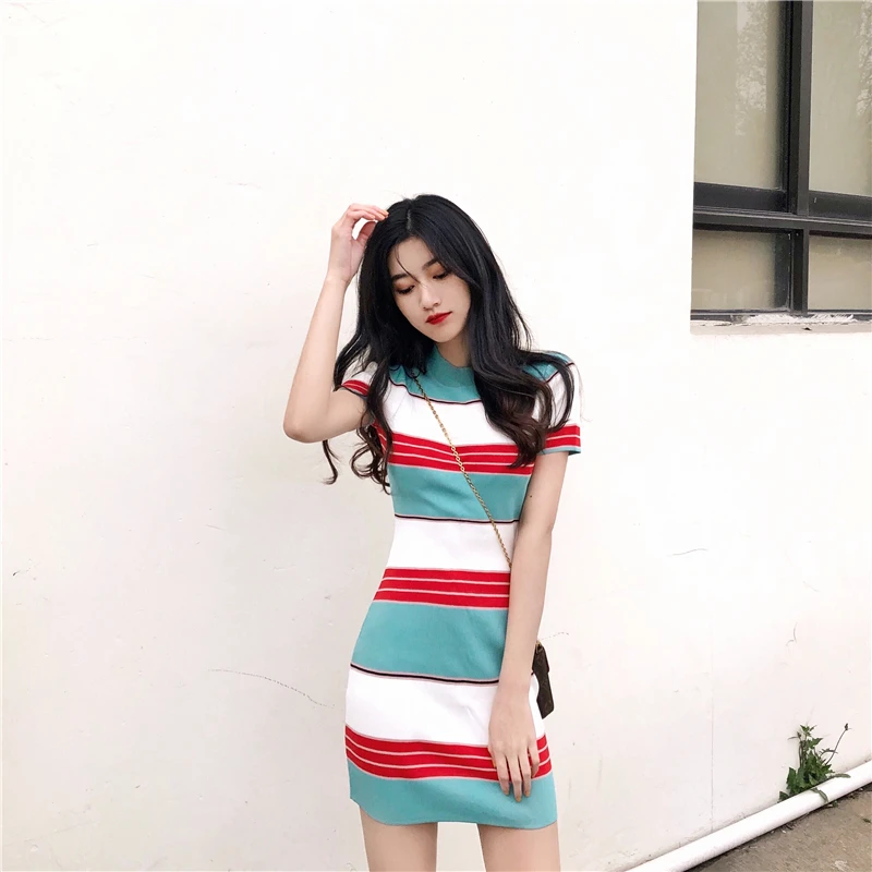 Stripe Knitted Dress Spring Summer Short Sleeve Color Knitted O Neck Vestido Slim Women Fashion Dresses Casual Wear