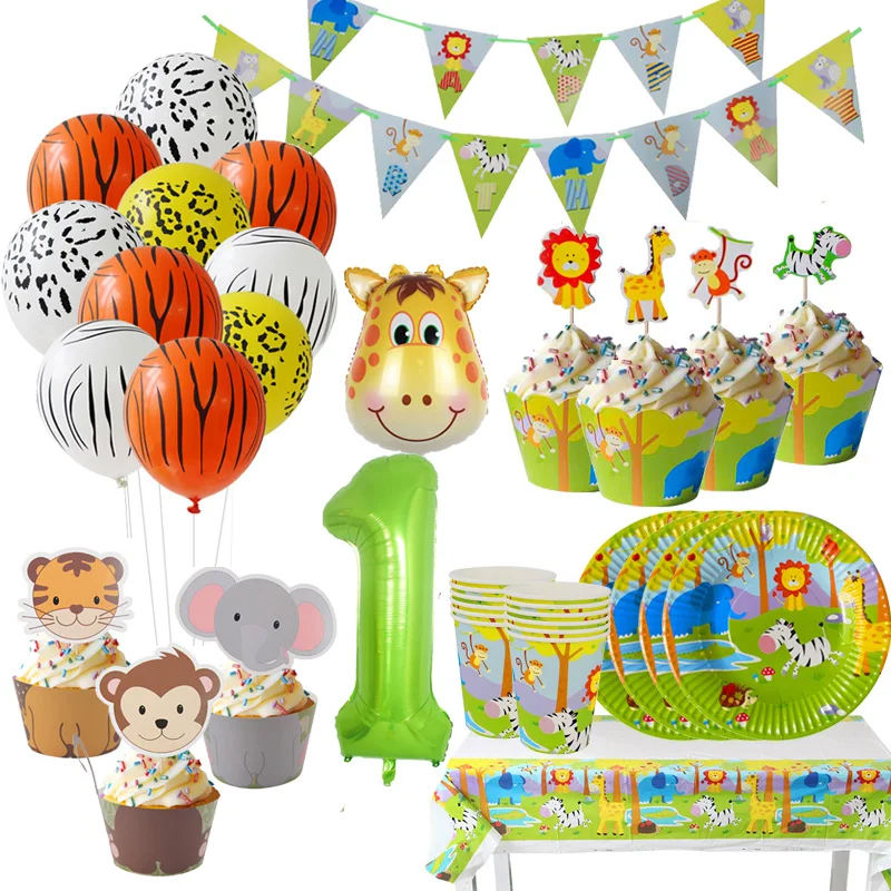 

Jungle Party Kids Boys Baby Happy Birthday Flag Banner Disposable Tableware Set Animal Themed Party Decoration Supplies Favors