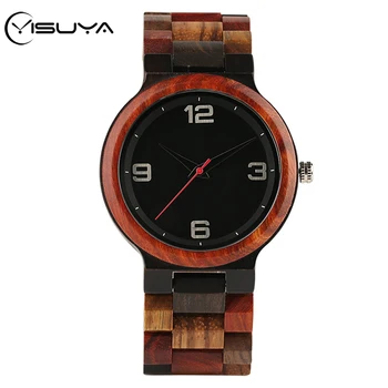 

YISUYA Mixed Color Full Wood Watch Men Watches Retro Numbers Round Dial Men's Wooden Band Quartz Timepiece Creative Wood Clocks