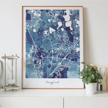 

DisneyWorld Rolando Road map print, watercolor-blue painting print of USA US map wall art framed poster, Personalized map gifts