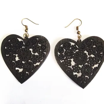 

DI-131 3D Fashion Hollow Carving wood Peach Heart Drop Earrings Handmade Earrings Personality Laser Cut eco Wooden Jewelry