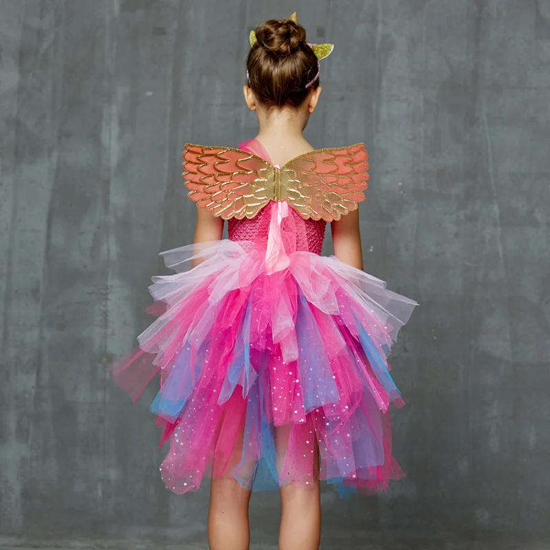 Glittery Unicorn Princess Pageant Flower Girl Tutu Dress Kids Party Costume with Headband and Wings Halloween Cosplay Girl Dresses (9)
