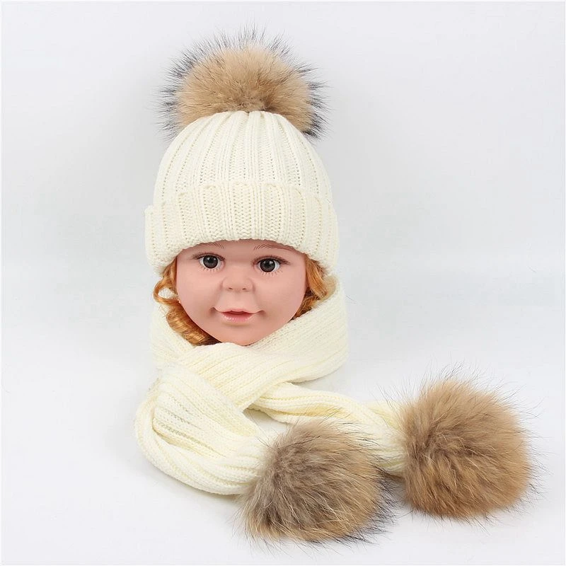 Детский зимний шарф из натурального меха+ шапка милая и очаровательная детская теплая осенне-зимние шапки для мальчиков и девочек Рождественский подарок на год для мальчиков и девочек - Цвет: beige