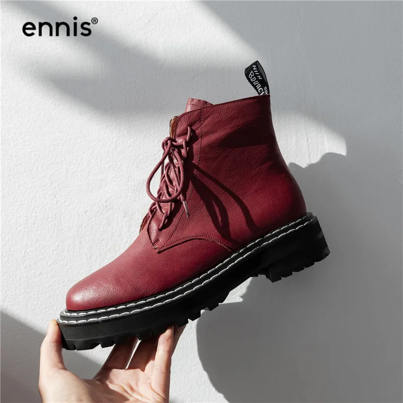 ENNIS/брендовые Ботинки martin; женские ботильоны на молнии; обувь из натуральной кожи на толстой подошве; ботинки на шнуровке; сезон осень-зима; Новинка; женская обувь; A9364 - Цвет: Red Plush Inside