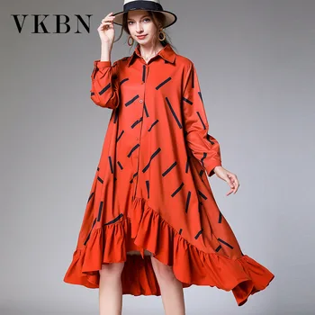 

VKBN Turn-down Collar Dress Elegant Loose Plus Size Long Sleeve Lotus Leaf Geometric Pattern Printing Female Dress