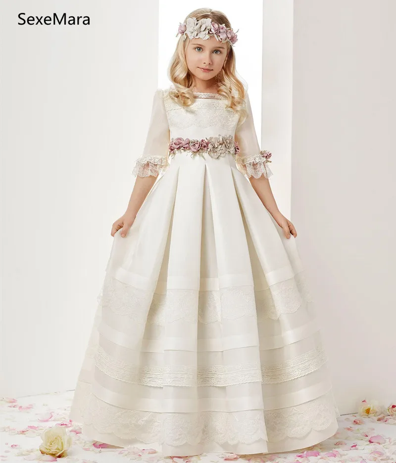 

Ivory White Little Girls First Communion Dresses Jewel Neck Lace Ruffles Girls Pageant Gowns Children A Line Kids Prom Dress