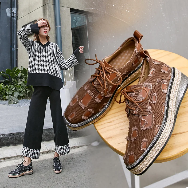 

Genuine Leather round-Toe Denim Platform WOMEN'S Shoes Fashion 2019 Spring New Style England Versatile Square Head Lace-up Platf