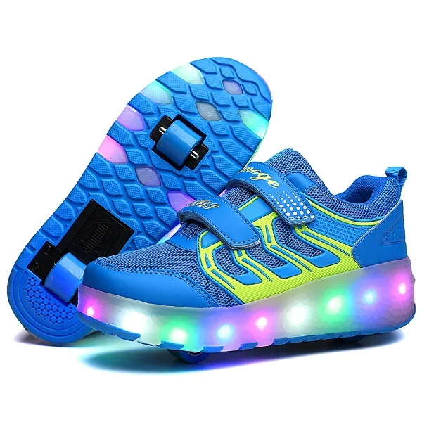 Новинка; модная обувь для девочек и мальчиков с зарядкой через usb; Светодиодный светильник; обувь для катания на роликах для детей; Детские кроссовки с колесами; два колеса - Цвет: Blue WS01