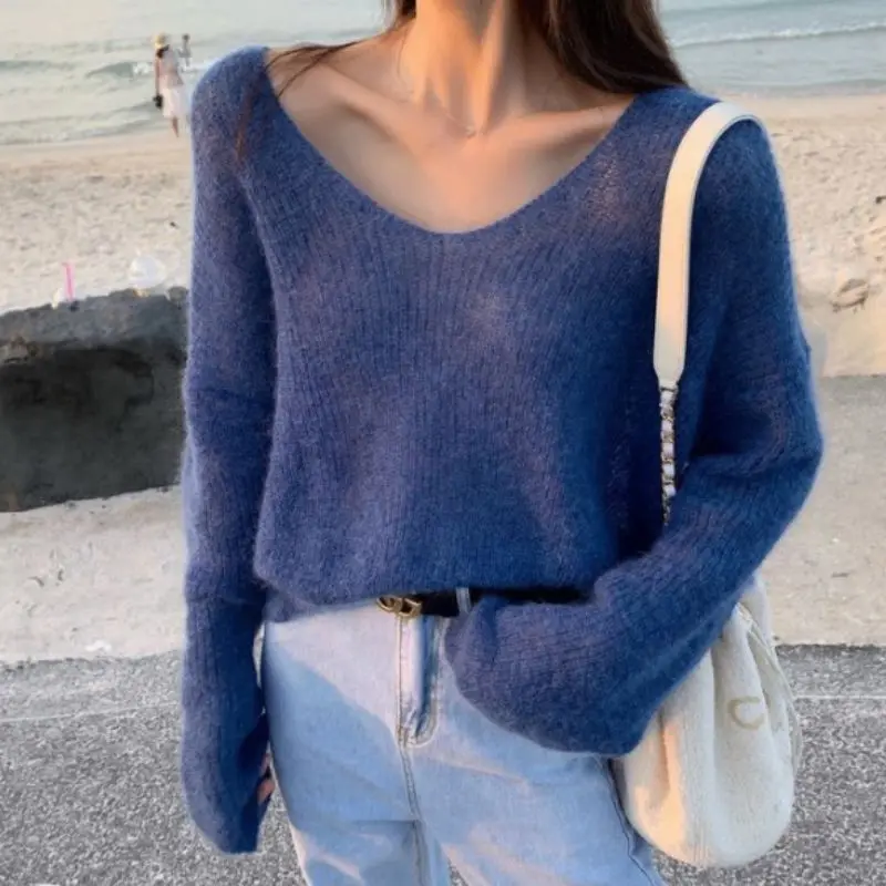 

Autumn Women Knitted Sweater Solid Color Mohair Pullover V Neck Sweet Loose Long-sleeve Knitwear Sweaters jumper pull femme Tops