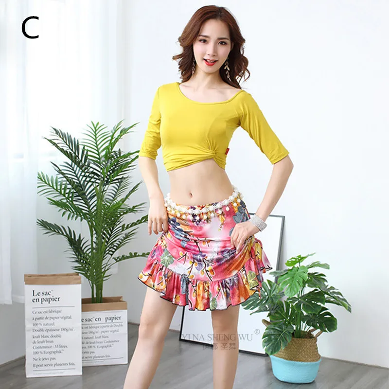2pcsC-Yellow rose Модная женская одежда для танца живота с цветочным рисунком, одежда для девочек, одежда класса, Модальные наряды, костюм для танца живота, комплект из 2 предметов, топ и короткая юбка, дешево - Цвет: 2pcsC-Yellow rose