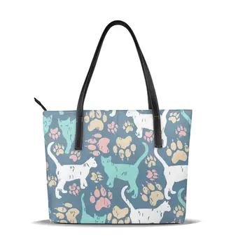 

PU Leather Handbags Colorful Cat And Footprint Women Bag Casual Female Bags Trunk Tote Shoulder Bag Ladies