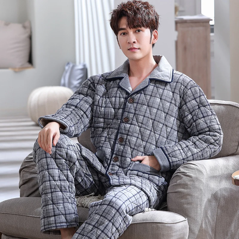 New Knit Cotton Padded Men Thick Plus Size L3xl Winter Pajamas Set