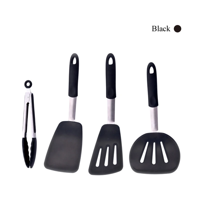 black 4 шт./компл. силиконовые токарные станки Еда Класс Яичница щипцы Совок жареные лопатой шпатель Кухня Инструменты гаджеты Пособия по кулинарии посуда - Цвет: black