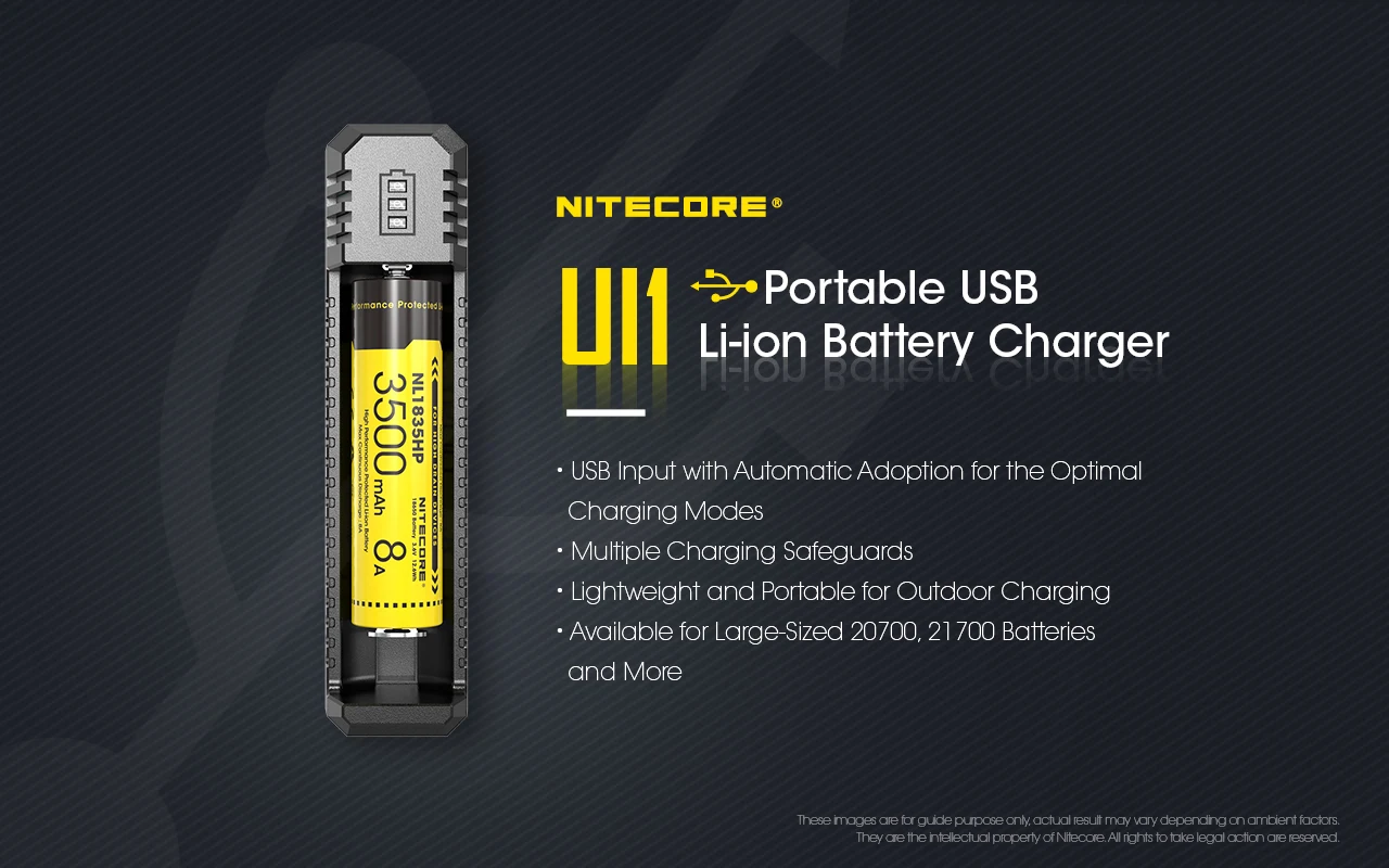 NITECORE UI1 Portable USB Li-ion Battery Charger DC 5V/1A 5W Li-ion/IMR 21700 Battery Recharger CompatibleWith 18650 16340 14500