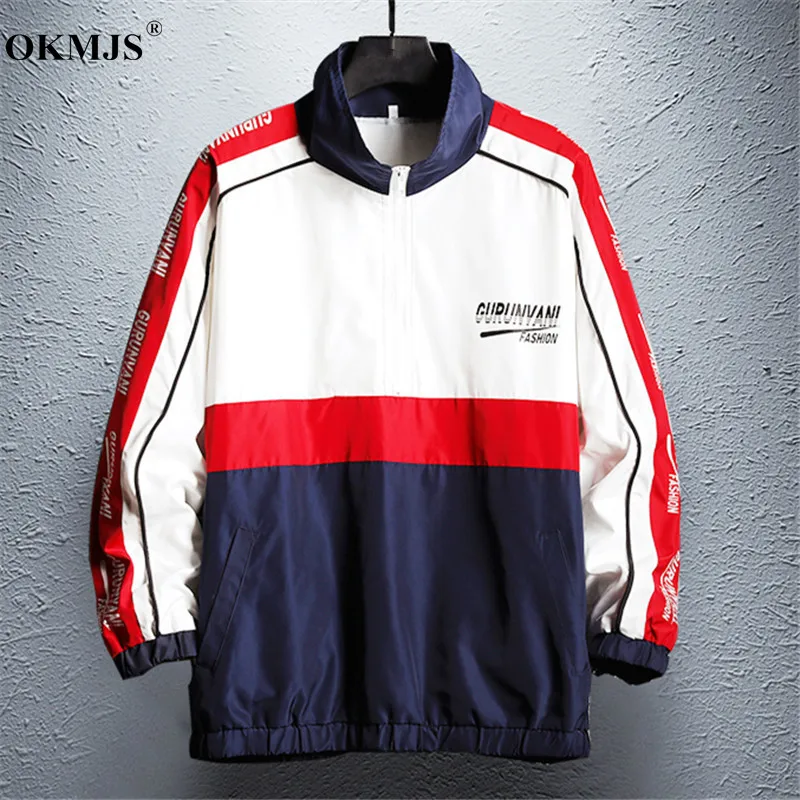 

Hip Hop Men Hooded Windbreaker Jacket Autumn Casual Vintage Color Block Loose Half zipper pullover coat Hoodie Jacket Streetwear
