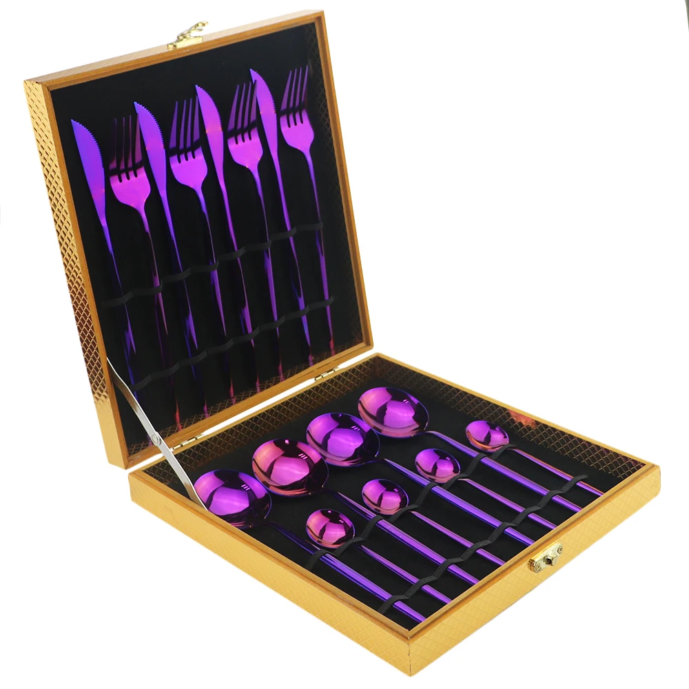 16Pcs Purple 16 шт./24 шт. набор посуды из нержавеющей стали 18/10, столовый нож из нержавеющей стали, вилка, ложка, набор столовых приборов золотого цвета, радужная посуда из серебра с подарочной коробкой - Цвет: 16Pcs Purple