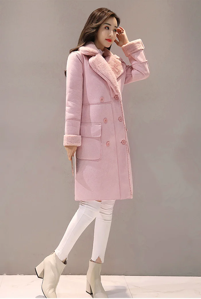 Женское замшевое меховое зимнее пальто модное плотное длинное пальто из искусственной овчины Женские однотонные теплые тренчи