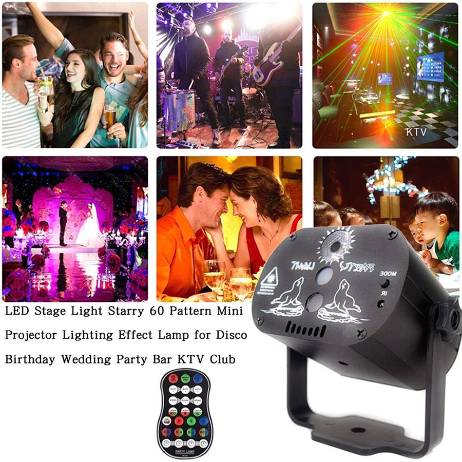 

60 Patterns RGB LED Disco Light 5V USB Recharge RGB Laser Projection Lamp Stage Lighting Show for Home Party KTV DJ Dance Floor