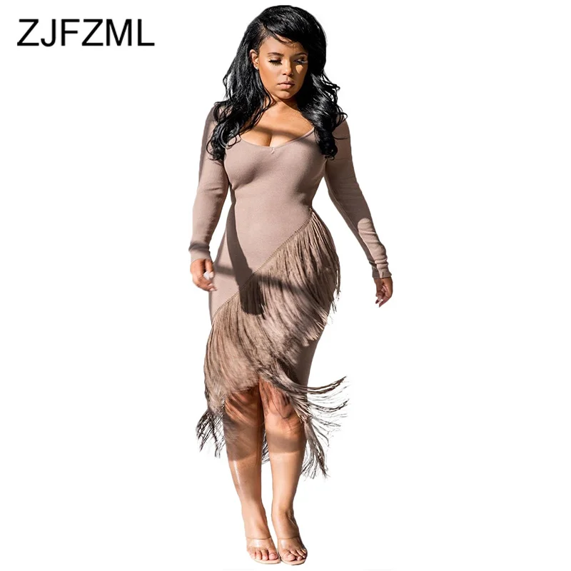 

Tassels Irregular Wrap Dress for Women Scoop Neck Solid Bodycon Sexy Club Dress 2019 Fall Long Sleeve Skinny Maxi Long Dress