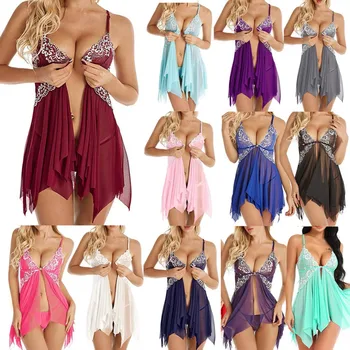 

Sumemr Fashion Women Sleeveless Front Closure Babydoll Sexy Lace V Neck Visible Mesh Sleepwear Lingerie Nightwear Nightdress#p3