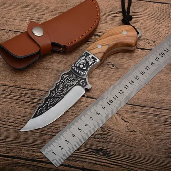 

Manual forging tactical straight knife 440C 58HRC Wooden handle bushcraft hunting survival Knife give away knife sheath
