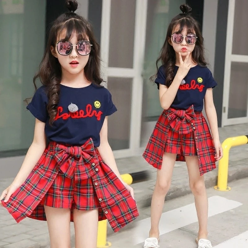 Girls Clothing Set New Fashion Summer Girls Clothing Set Child Clothes Tracksuit Girls Boutique Outfits T-shirt + Plaid Shorts 4 6 7 8 10 12 Years