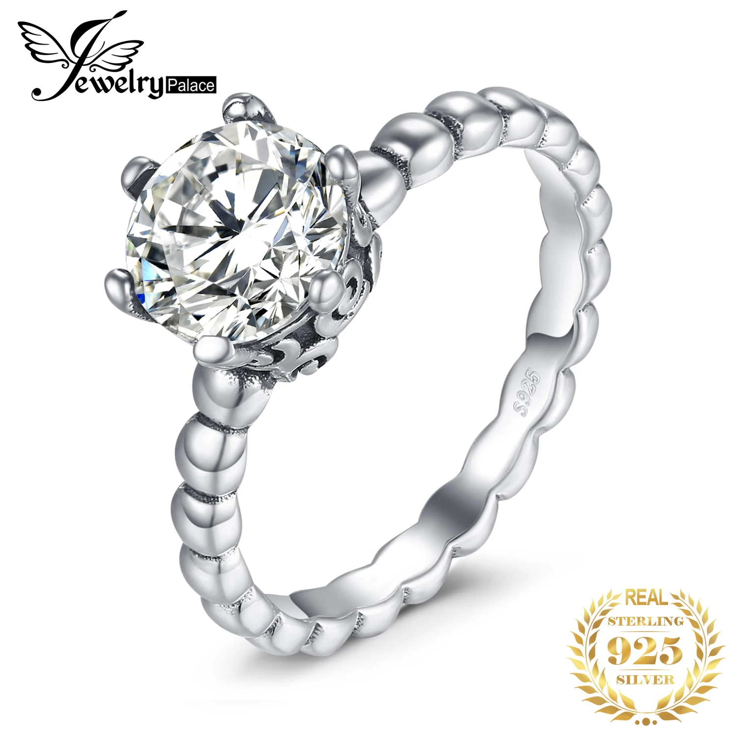 JewelryPalace 925 Sterling Silver Beaded Band 3.4ct Cubic Zirconia Solitaire Engagement Ring New Hot Sale For Women As Gifts | Украшения и