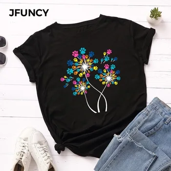 Женская футболка JFUNCY, летняя футболка большого размера из 100% хлопка с цветным принтом и коротким рукавом